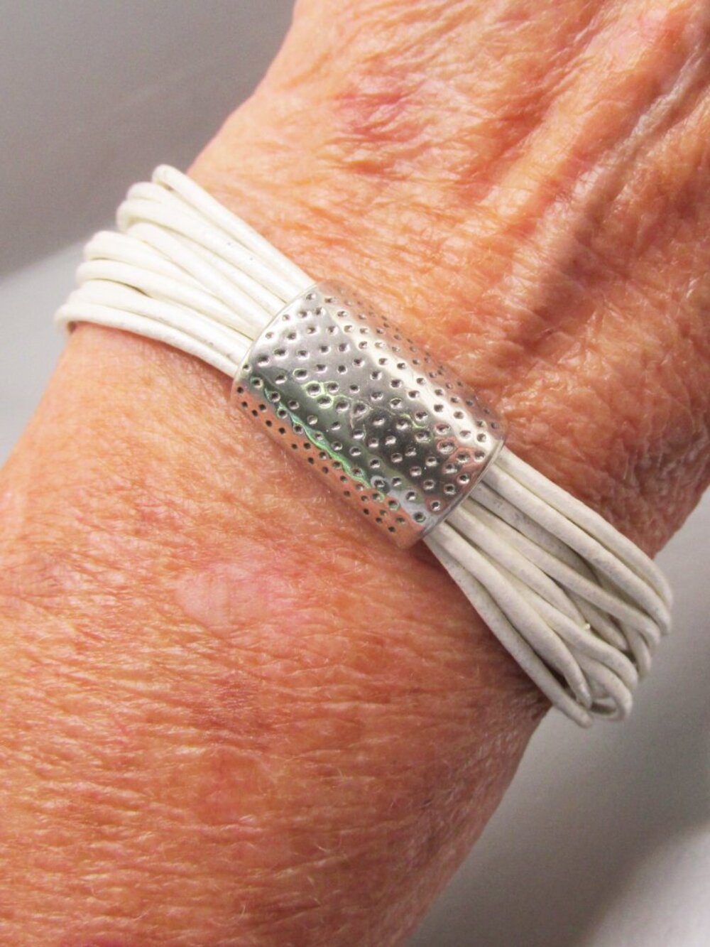 Vintage White Leather Multi Strand Sterling Silver Magnetic Bracelet Sz Small 6"